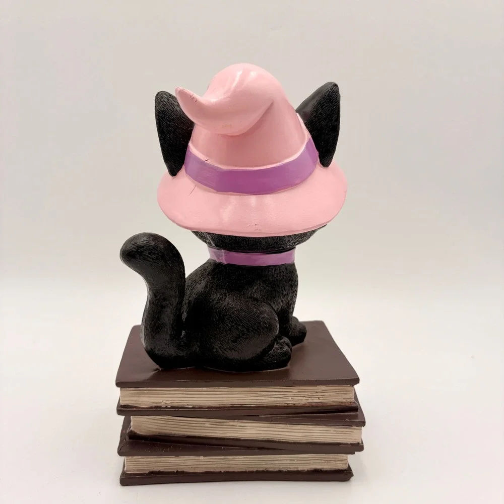 Halloween Black Cat Witch Figurine on Spell Books Pink Hat Spooky Cute Decor